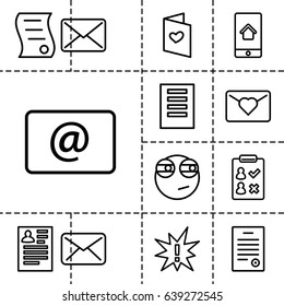Message icon. set of 13 outline messageicons such as resume, love letter, email, home on phone display, bill of house sell, bill of house, rolling eyes emoji, exclamation