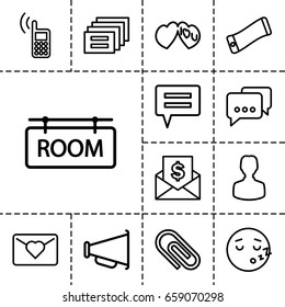 Message icon. set of 13 outline messageicons such as i love you, room tag, megaphone, phone, sleeping emot, envelope with dollar bill, wavy phone, user, love letter, clip