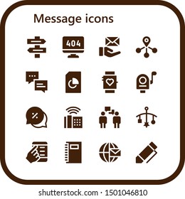 message icon set. 16 filled message icons.  Collection Of - Direction sign, 404 error, Email, Connection, Chat, Document, Smartwatch, Mail, Phone, Conversation, Mobile, Smartphone