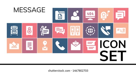 message icon set. 19 filled message icons.  Collection Of - Document, Postbox, Note, Love letter, Mail, Phone call, Email, Chat, Loudspeaker, Speech, Documentation, Network, Envelope