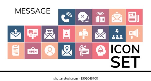 Message Icon Set. 19 Filled Message Icons.  Collection Of - Phone Call, Email, Phone Book, Open, User, Invitation, Speech, Alert, Billboard, Smartphone, Mailbox, Mail, Motivation