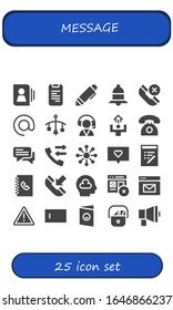 message icon set. 25 filled message icons.  Simple modern icons such as: Contact, Phone book, Pen, Notification, Phone, Arroba, Mobile, Customer service, Motivation, Telephone