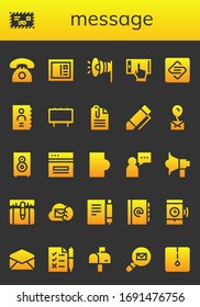 conjunto de iconos de mensajes. 26 iconos de mensajes rellenos. Incluye teléfono, correo, postal, megáfono, Smartphone, página de chispa, libreta de teléfonos, cartón, clip, pluma, altavoz, iconos web