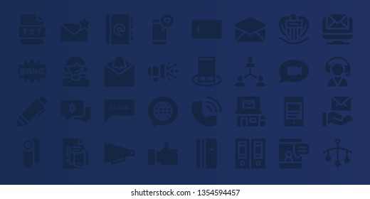 message icon set. 32 filled message icons. on blue background style Simple modern icons about  - Text, Comic, Pen, Paper, Email, Customer service, Chat, Discussion, Agenda, Notification