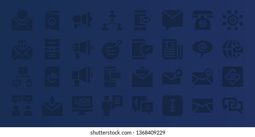 message icon set. 32 filled message icons. on blue background style Collection Of - Mail, Email, Connection, Chat, Postcard, Document, Megaphone, Writer, Sms, User, Message, Smartphone