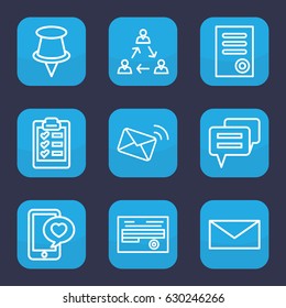 Message icon. set of 9 outline message icons such as document, mail, phone with heart, clipboard, pin, chat