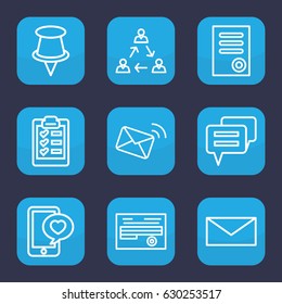 Message icon. set of 9 outline message icons such as document, mail, phone with heart, clipboard, pin, chat