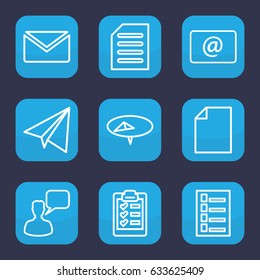 Message icon. set of 9 outline message icons such as paper airplane, document, chatting man, email, clipboard, mail, pin