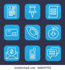 Message icon. set of 9 outline message icons such as phone, resume, call, pin, envelop, chat, envelope with dollar bill, apple download