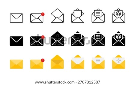 Message icon set. Closed, open and notification envelopes in outline, solid and colored styles vector. Email message set for inbox, documents, contacts and postal communication tasks sign.