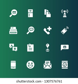 message icon set. Collection of 16 filled message icons included Smartphone, Email, Emoticon, Chat, Mail, Attached file, Language, Phone call, Conversation, Register, Signal tower