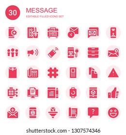 message icon set. Collection of 30 filled message icons included Smartphone, Watercolor, Amplifier, Reply, Chat, Megaphone, Inboxes, Envelope, Telephone, Hashtag, Mobile, Copy