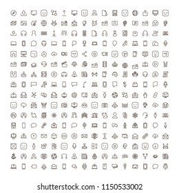 Message icon set. Collection of high quality outline chat pictograms in modern flat style. Mail, emoji, computer, laptop, download, headphones, microphone line logo. 