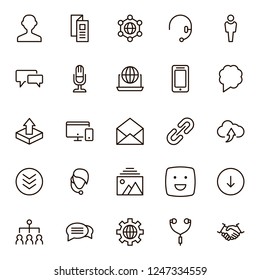Message icon set. Collection of high quality outline chat pictograms in modern flat style. Mail, emoji, computer, laptop, download, headphones, microphone line logo. 