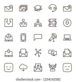 Message icon set. Collection of high quality outline chat pictograms in modern flat style. Mail, emoji, computer, laptop, download, headphones, microphone line logo. 