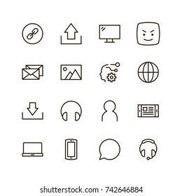 Message icon set. Collection of high quality outline chat pictograms in modern flat style. Mail, emoji, computer, laptop, download, headphones, microphone line logo. 