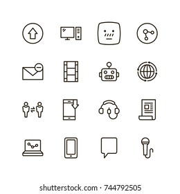 Message icon set. Collection of high quality outline chat pictograms in modern flat style. Mail, emoji, computer, laptop, download, headphones, microphone line logo. 