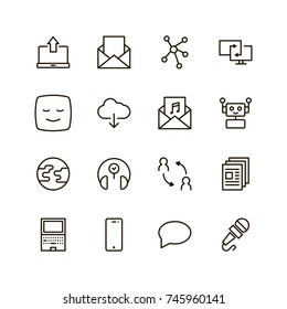 Message icon set. Collection of high quality outline chat pictograms in modern flat style. Mail, emoji, computer, laptop, download, headphones, microphone line logo. 