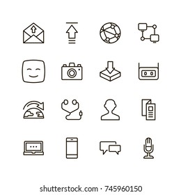 Message icon set. Collection of high quality outline chat pictograms in modern flat style. Mail, emoji, computer, laptop, download, headphones, microphone line logo. 