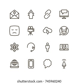 Message icon set. Collection of high quality outline chat pictograms in modern flat style. Mail, emoji, computer, laptop, download, headphones, microphone line logo. 