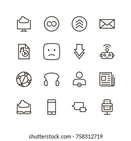 Message icon set. Collection of high quality outline chat pictograms in modern flat style. Mail, emoji, computer, laptop, download, headphones, microphone line logo. 