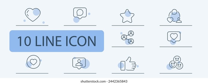 Message icon set. Communications, emoji, heart, phone book, share, star. 10 line icon style. Vector line icon for business and advertising