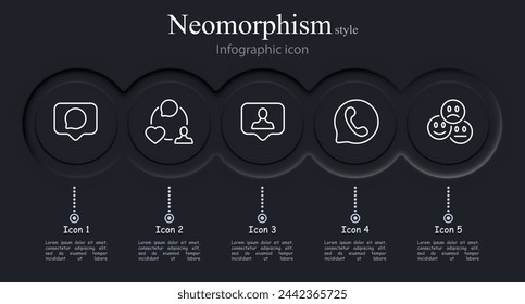 Conjunto de iconos de mensaje. Emoji, correspondencia, charla, contacto, llamada, sonrisa, tristeza, sorpresa. Estilo neomorfista. Icono de línea vectorial para negocios y publicidad