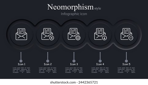 Conjunto de iconos de mensaje. Sobre, cruz, texto, letra, engranaje, descarga, menos. Estilo neomorfista. Icono de línea vectorial para negocios y publicidad