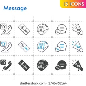 message icon set. included megaphone, sale, chat, phone call, discount icons on white background. linear, bicolor, filled styles.