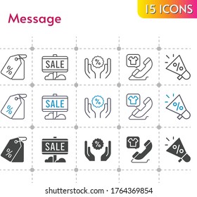 conjunto de iconos de mensajes. incluye megáfono, venta, etiqueta de precio, descuento, iconos de llamadas telefónicas en fondo blanco. estilos lineales, bicolores, rellenos.