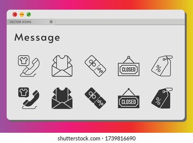 message icon set. included newsletter, price tag, phone call, discount, closed icons on white background. linear, filled styles.