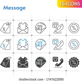 message icon set. included newsletter, sale, price tag, phone call, discount icons on white background. linear, bicolor, filled styles.
