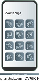 conjunto de iconos de mensajes. incluido tienda online, bolsa de compras, venta, camisa, dinero, descuento, llamada telefónica, marcador de posición, iconos de tarjeta de crédito en el fondo del diseño del teléfono. estilos lineales.