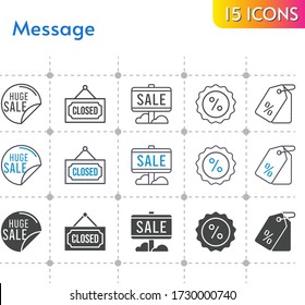 message icon set. included sale, price tag, closed, discount icons on white background. linear, bicolor, filled styles.