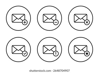 Message icon set inside circular outline. Add, remove, delete, verified, error, and favorite email symbol