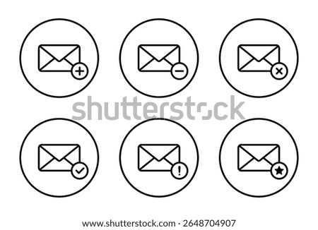 Message icon set inside circular outline. Add, remove, delete, verified, error, and favorite email symbol