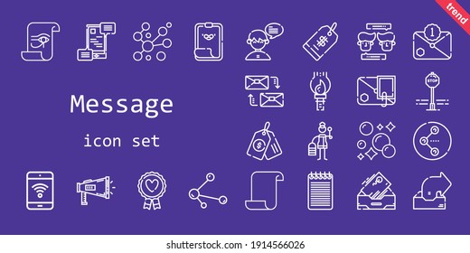 conjunto de iconos de mensajes. estilo de icono de línea. iconos relacionados con mensajes como megáfono, pincel de pintura, clip de papel, bloc de notas, signo de parada, favorito, correo, buzón de salida, comunicaciones, papel, madera, teléfono móvil, chat
