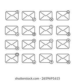 Nachrichtensymbol setzt E-Mail-Symbolsammlung fest. Neues Nachrichtenbenachrichtigungskennzeichen und offenes Umschlagzeichen. Einfache flache Umrisssymbole für App, UI, UX, Website. E-Mail-Vektorgrafik.