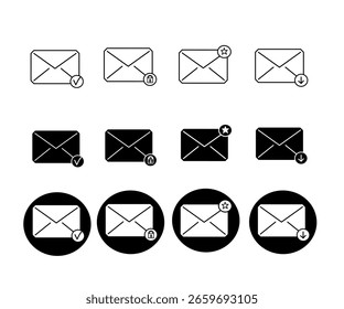 Icono de mensaje establecer colección de símbolo de correo. Insignia de notificación de mensaje Nuevo y signo de sobre abierto. Iconos planos simples del esquema para el App, UI, UX, Sitio web. Gráfico de Vector de correo electrónico.