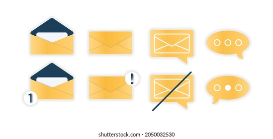 Message icon set in yellow color on modern style for mobile app or UI UX design. Chat elements, bubble speach, message, message alarm