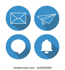 Message icons. Comment, paper plane, mail and calendar. White message icons in circle with shadow.