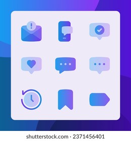 Message icons in gradient style, for ui ux design, website icons, interface and business. Including caht bubble, bookmark, label, love chat, chat app, etc.