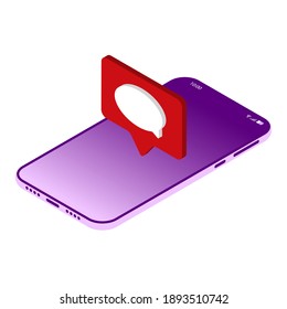 Message icons on a red pin on the phone screen. The concept of online correspondence on the phone. Symbol of social networks. Isometric style. Vector illustration.