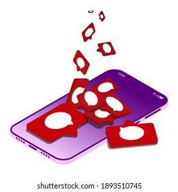 Message Icons On A Red Pin Drop From The Sky Onto The Phone Screen. Symbol Of Social Networks.The Concept Of Online Correspondence On The Phone. Isometric Style. Vector Illustration.