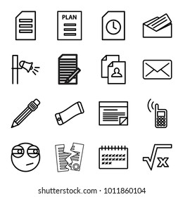 Message icons. set of 16 editable outline message icons such as resume, paper, square root, rolling eyes emoji, calendar, wavy phone, pen, megaphone, mail, document, letter