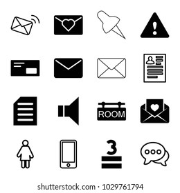 Message icons. set of 16 editable filled and outline message icons such as love letter, mail, megaphone, document, room tag, warning, envelop, resume, woman, chat, phone