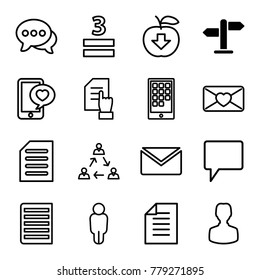 Message icons. set of 16 editable outline message icons such as direction, pointing on document, mail, user, apple download, 3 allowed, love letter, phone with heart