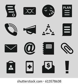 Message icons set. set of 16 message filled icons such as megaphone, sleeping emot, love letter, call, bill of house sell, plan, communication, resume