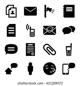 Message icons set. set of 16 message filled icons such as chat, resume, sleeping emot, love letter, old phone, megaphone, bill of house, phone, mail, notepad, paper, user