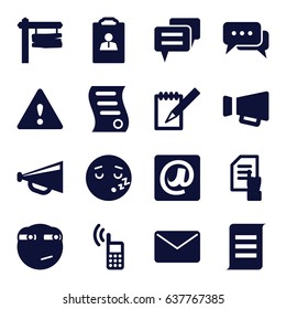 Message icons set. set of 16 message filled icons such as pointing on document, megaphone, rolling eyes emoji, sleeping emot, direction board, notebook, at email